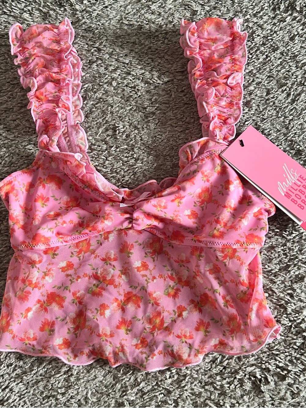No Boundaries Pink Floral Ruffle Strap Crop Camisole- Mills Millie Bobby Brown
